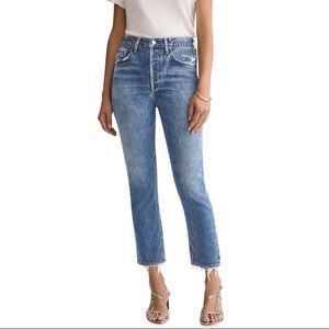 Agolde Riley High-Rise Straight Crop Jeans w/ Shredded Hem